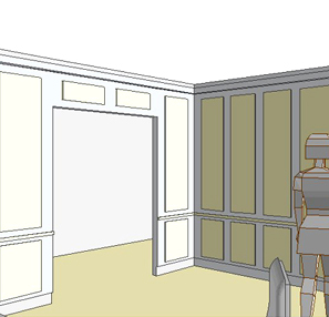 vue 3D du salon-bibliothque de Style, portes coulissantes pour l'entre